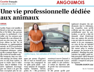 Article de journal local mettant en avant l'activité de garde d'animaux d'Angel Guardian, avec une photo de sa fondatrice Laetitia Dupuy devant son véhicule de transport.