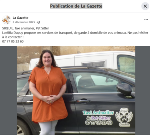 Article de journal local mettant en avant l'activité de garde d'animaux d'Angel Guardian, avec une photo de sa fondatrice Laetitia Dupuy devant son véhicule de transport.